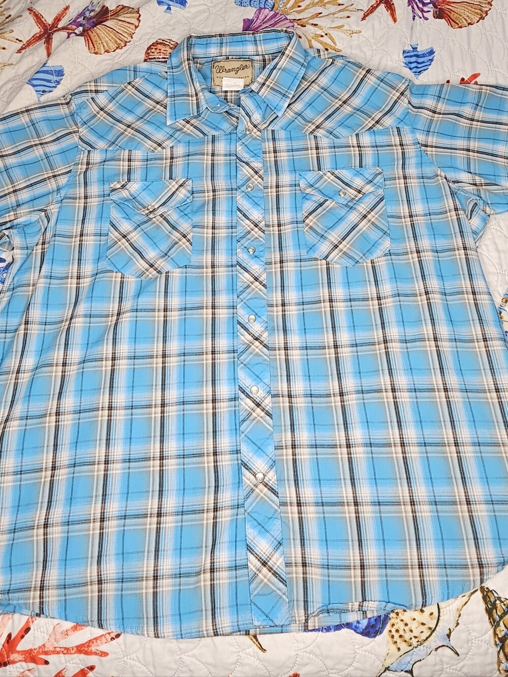 Wrangler Western Fashion Pearl Snap Shirt Men 2XL Blue Plaid Short Sleeve